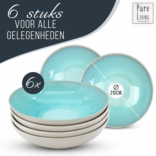 Set van zes aqua blauwe borden van 20 cm.