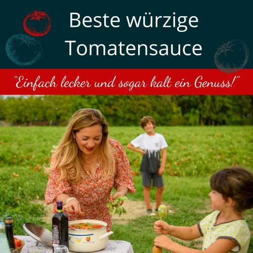 Vrouw kookt tomatensaus in de buitenlucht met kinderen