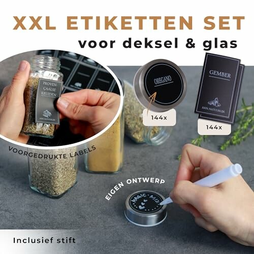 XXL etiketten set voor deksel en glas met voorgedrukte labels en stift